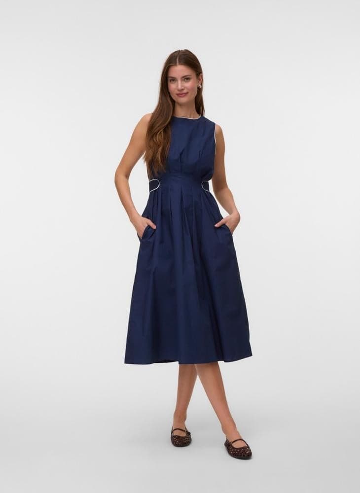 Sleeveless Crew Neck Midi Poplin Dress
