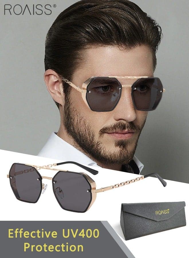 Octagonal Sunglasses for Men Women UV400 Protection Trendy Anti-Glare Classic Sun Shades with Glasses Case for Shopping Party Travel 58mm with Metal Frame