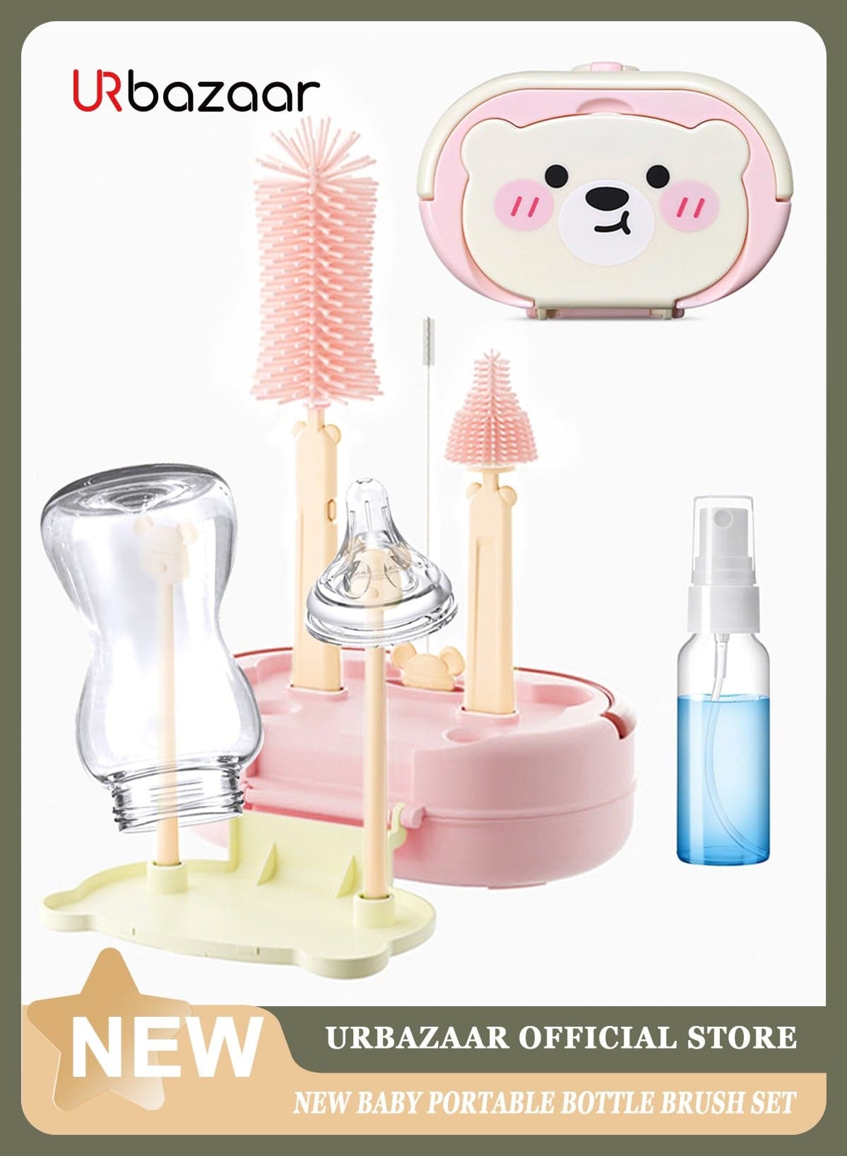Bottle Brush Silicone Baby Bottle Cleaner Brush BPA Free Teat Straw Cleaner Feeding Bottle Cleaning Brush with Stand (Pink)