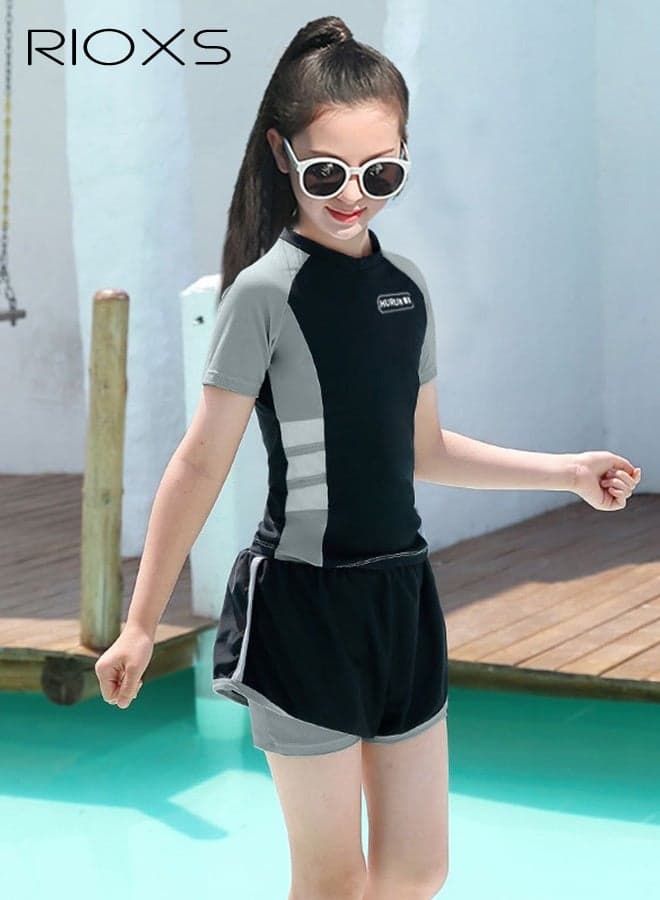 Girls Swimsuits, Kids Two-Piece Rashguard Swim Set, Short Sleeve Swimming Top And Shorts, Kids Swimwear For Water Sports, Quick Dry Bathing Suits, Sun Protection Swimwear For Beach/ Pool/ Water Park
