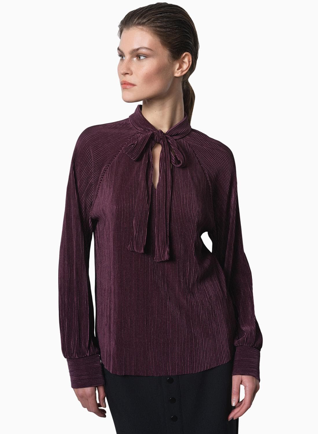 Rylah Plisse Long Sleeve Tie Neck Shirt