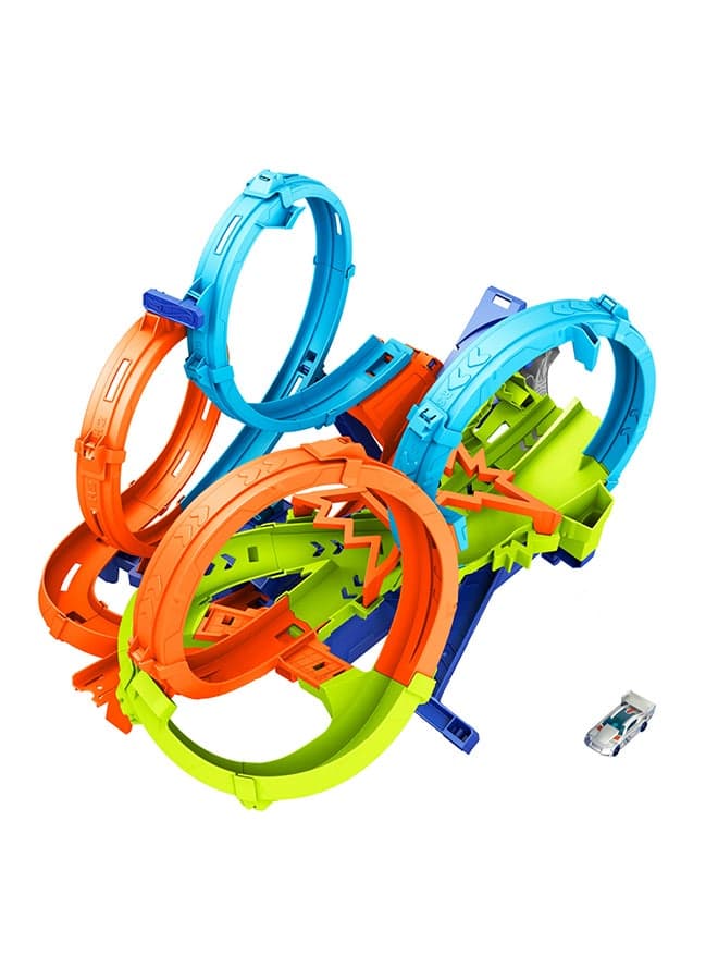 Hot Wheels Toy Car Track Set with 4 Loops, 3-Way Crash Zone & Motorized Booster, Folds for Storage, With 1:64 Scale Toy Car