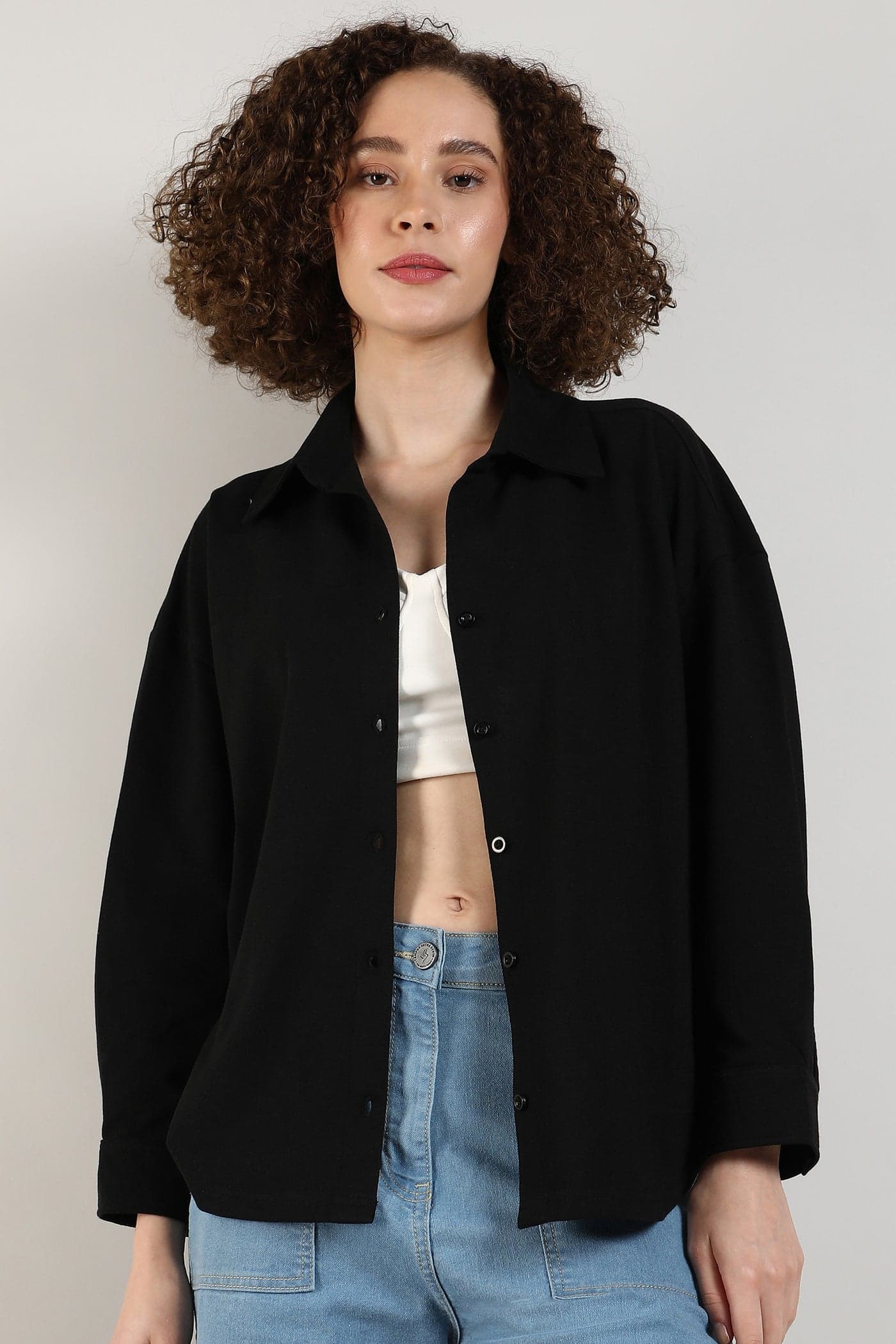Women's Obsidian Black Solid Boxy Shirt