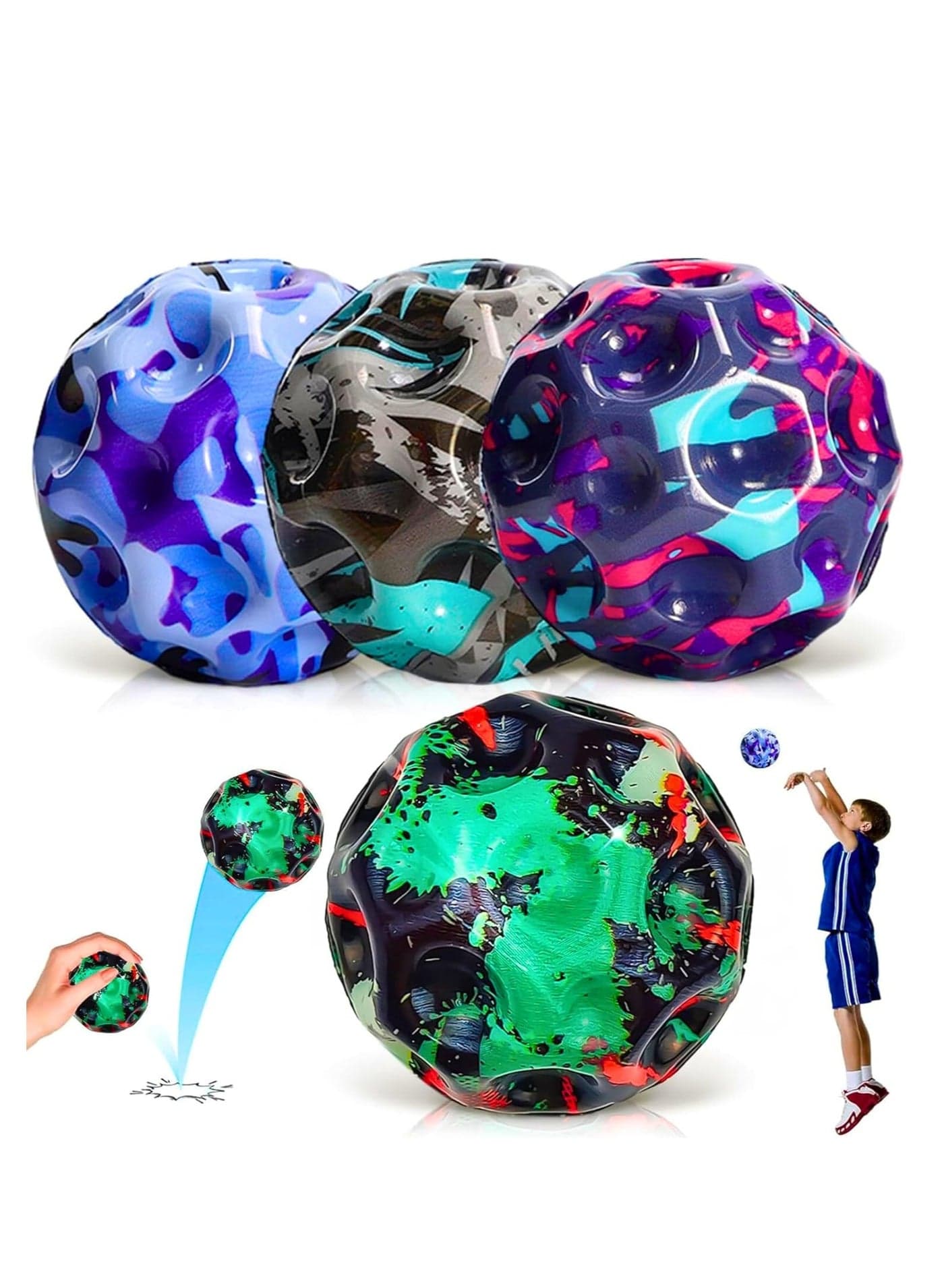 4 Pack Moon Bounce Ball – Super High Jump Galaxy Bouncy Ball for Kids, Unique Pop Sound, Improves Hand-Eye Coordination – Easter Gift, Indoor & Outdoor Play for Boys & Girls Age 3 4 5 6 7