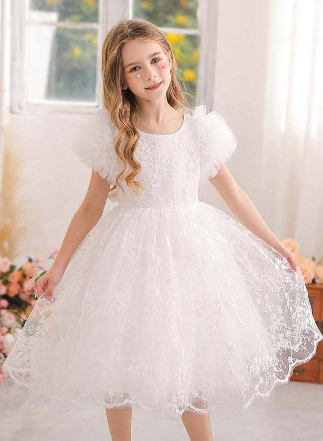 Girls Floral Mesh All Lace Bow Detail Party Dress
