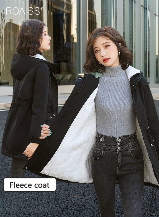 Women's Hooded Fleece Lined Jacket Warm, Thick Lamb Wool Fabric Mid-Length Coat in Black, Windproof Construction, and Adjustable Zip-In Hood for Daily Commuting, Outdoor Activities, and Casual Wear