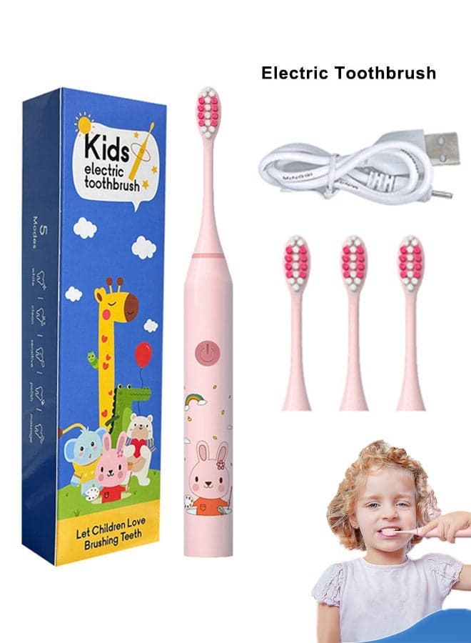 Kids Electric Toothbrush With 4 Replacement Heads USB Rechargeable Pink Bunny