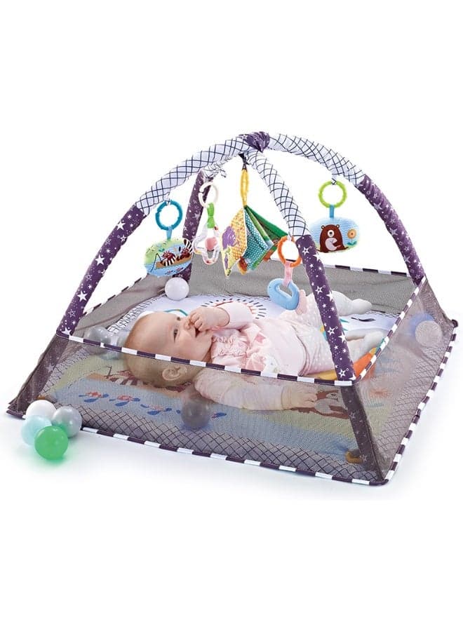 Baby Gym Play Mat, Tummy Time Play Mat with 5 Hanging Toys and 18 Ocean Balls for Sensory and Motor Skill Development, Non-Slip Washable Play Mat for Babies 0-36 Months