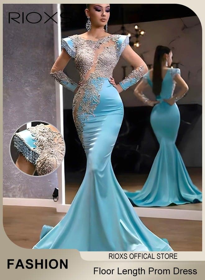 Women's Sequin Mermaid Evening Gowns, Sparkly Bodycon Cocktail High Split Stitching Sliming Formal Maxi Dresses with Shoulder Pads Round Neck Collar, Floor-length Prom Dress ormal Evening Dress for Prom, Cocktail Party, Evening, Wedding, Homecoming, Banquet and More, Blue