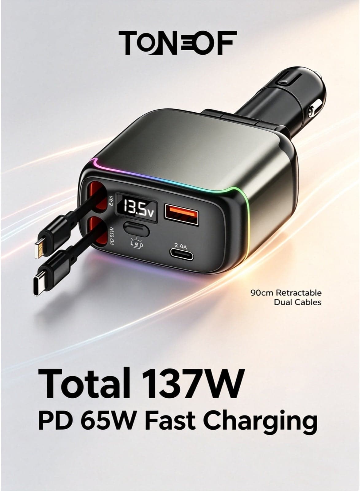 Retractable Car Charger for Cigarette Lighter, 137W Total Power Output PD 65W Fast Charging Car Charger, 90cm Retractable Lightning and Type-C Cables, USB-A and USB-C Port, Over-heating Protection, Cool Lighting, for iPhone Android Tablets and Other Devices