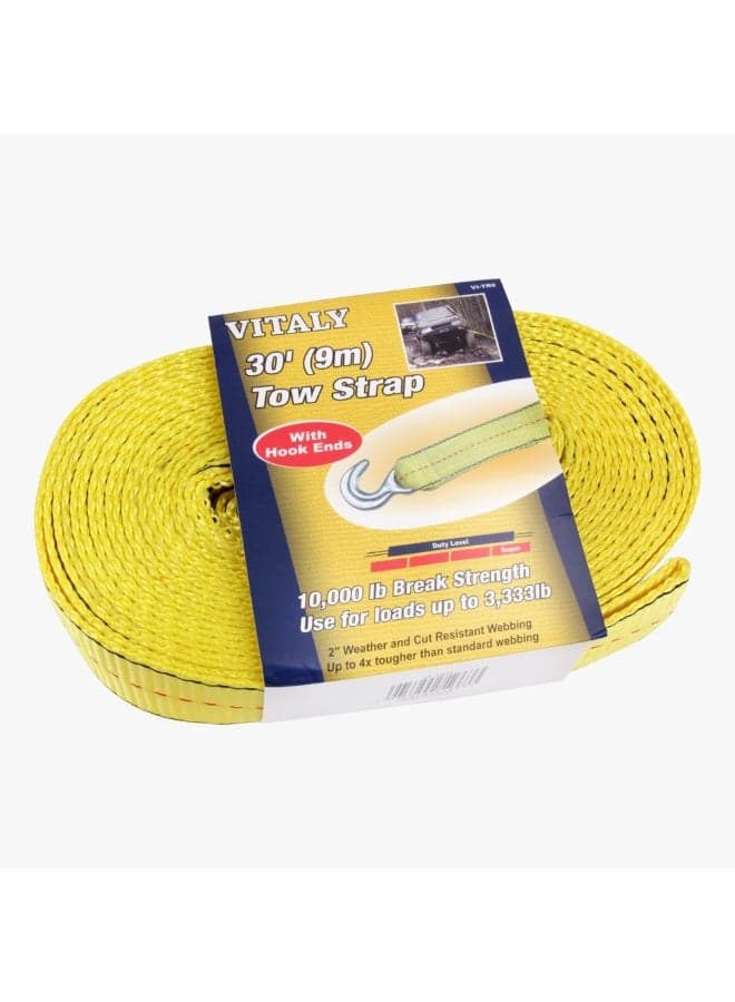VITALY Heavy Duty 30ft (9m) Tow Strap with Hook Ends - 10,000 lbs Break Strength, Weather Resistant Off-Road Recovery Rope