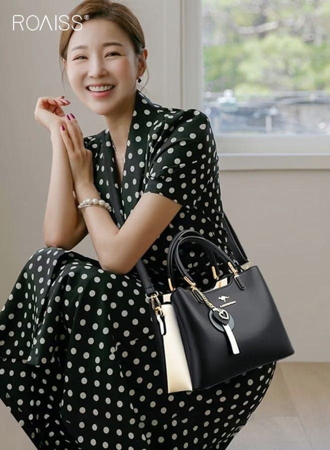 Women's Patent PU Leather Two-Tone Handbag, Elegant Structured Tote Bag with Detachable Shoulder Strap, Ladies Classic Shoulder Bag Handle Satchel Bag with Gold-Tone Hardware, Multi-Functional Crossbody Purse for Work Office Business Everyday Casual Wear