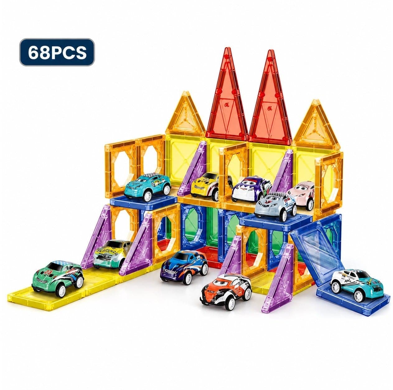 Magnetic Parking Garage Building Blocks Set 68PCS with Mini Cars – Colorful Magnetic Construction Tiles Toy for Kids Ages 3+