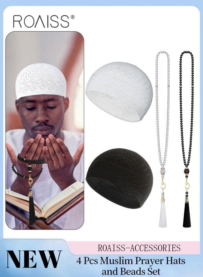 4 Pcs Kufi Hats and Muslim Prayer Beads Set for Men Women Include 2 Handicraft Knitted Muslim Hat Stretchy Taqiyah Cap and 2 Muslim Tasbih 99 Beads Muslim Ramadan Gifts Black and White