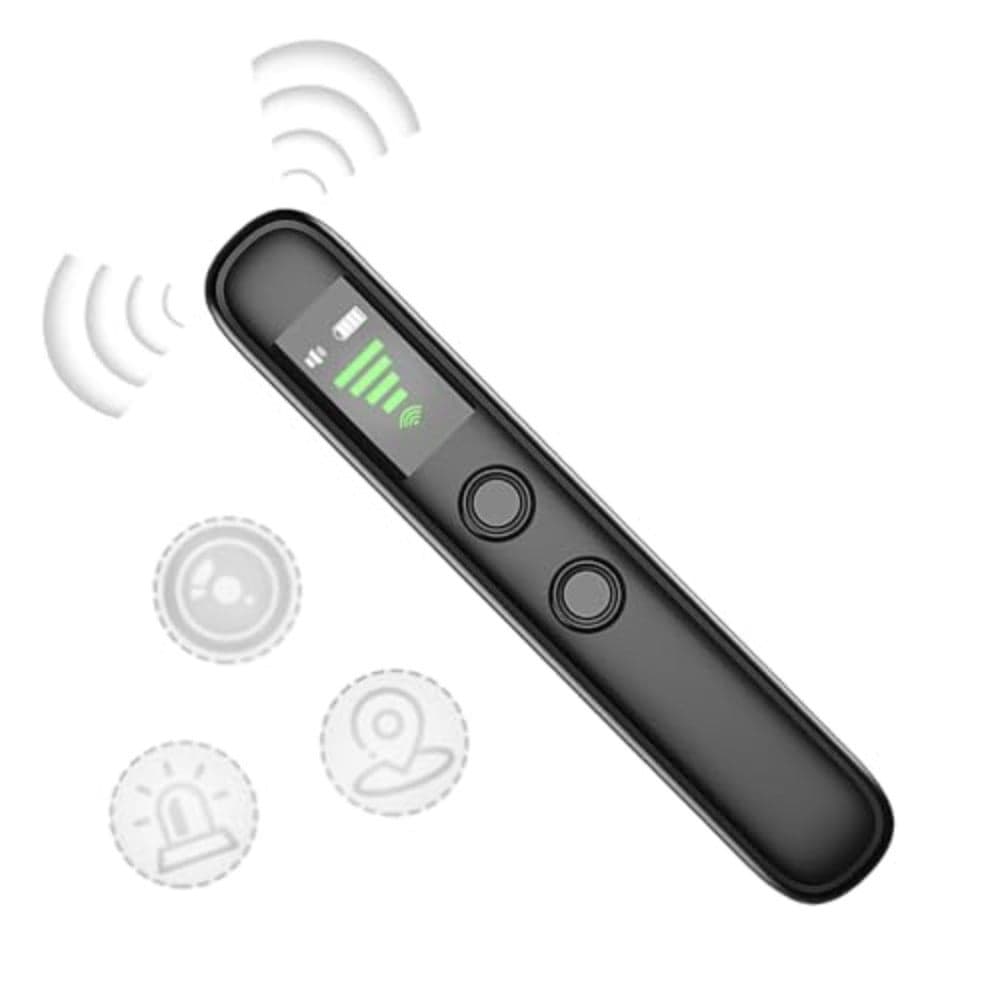 Portable RF/wireless signal scanner for hotel, office, travel, and home use; aluminum alloy body; black; detects hidden cameras, GPS trackers, and eavesdropping devices
