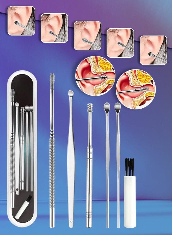 Set of 6 Non-slip Handles Ear Wax Removal Kit With Soft Silicone and Stainless Steel