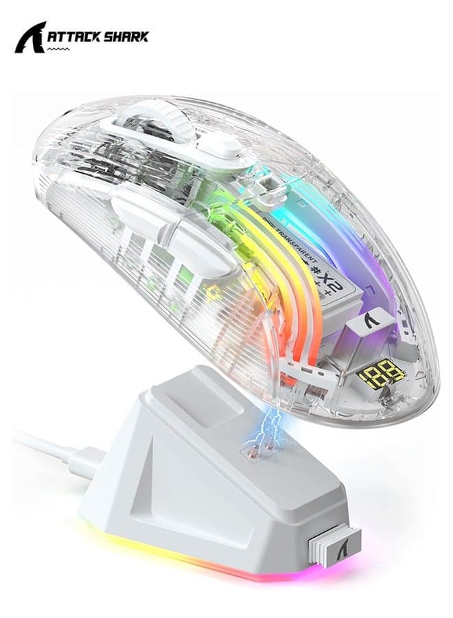 X2 Pro Wireless Gaming Mouse with RGB Charging Dock,Tri-Mode PC Gaming Mice 2.4G/Bluetooth/Wired,Noiseless Mouse RGB Backlit,Transparent Shell,PixArt 3212 4000 DPI,for Win/MAC,White