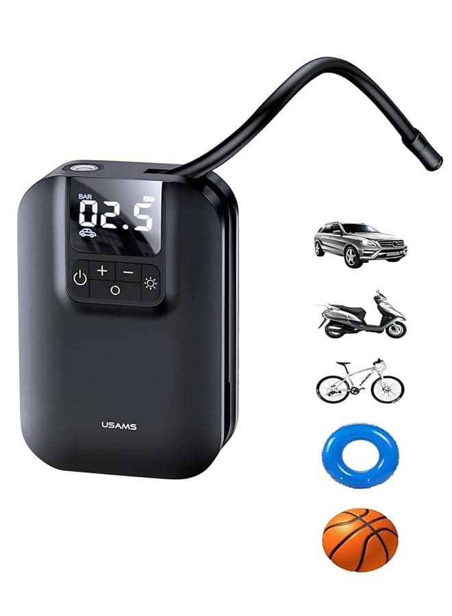 Mini Car Air Pump with 5000mAh Battery – Portable Tire Inflator with LED Display, Preset Pressure & Auto-Stop, Emergency Light, Type-C Rechargeable, Inflates Car, Bike & Ball