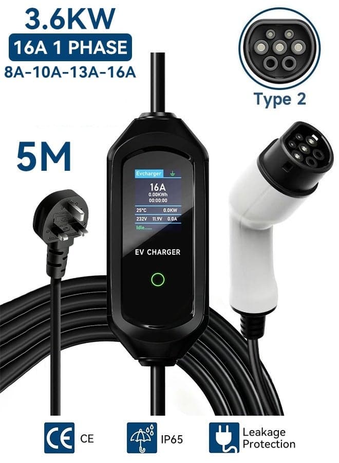 3.6 kW Type 2 EV Charger, 5 m Type 2 Charging Cable, Electric Car Charger with UK Plug, Adjustable Current 8A/10A/13A/16A EV Charger with Bag (IEC 62196-2)