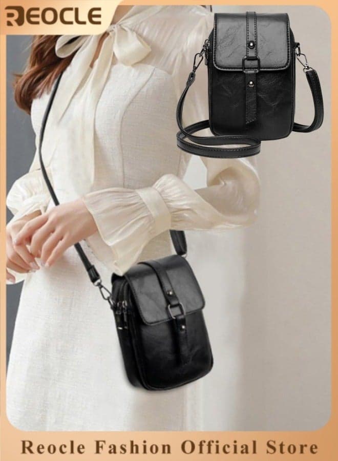 Women's Crossbody Cellphone Bag Genuine Leather Phone Shoulder Bag for Women Vintage Double Layer Messenger Bag Card Wallet with Adjusted Shoulder Strap