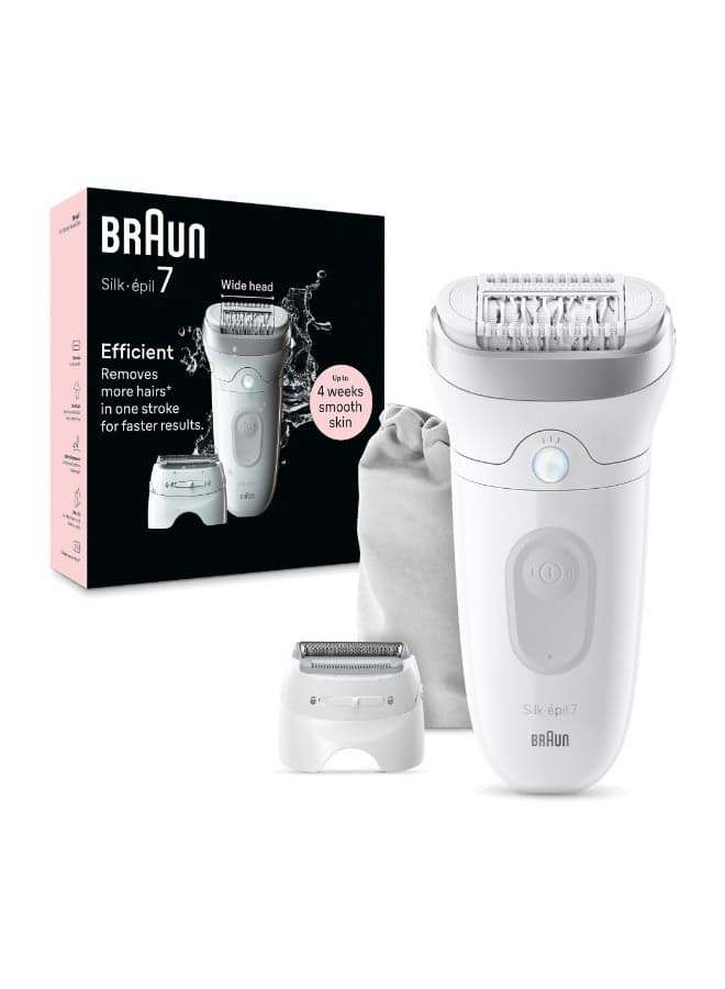 Silk-epil 7 SkinSpa 7-041 Epilator Wet & Dry,Shaver Head, Trimmer Comb, Skin Contact cap, Smart Light, Pouch.+ 4 Extra White