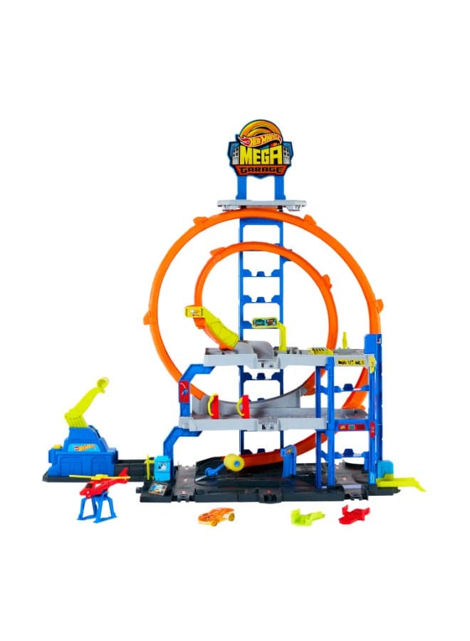 Hot Wheels Track Set with Helicopter and Metal Car, Three Levels of Play, Two Loops, Storage for 37 Cars at 1:64 Scale and Speed Snap Adapters, JLC05