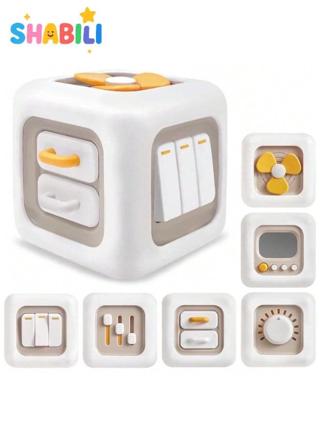 Montessori Busy Activity Cube Toy 12 Months Plus Sensory Switches Drawer Mirror Knobs Buttons Motor Skills ABS Safe Material 9x9x9 CM Indoor Learning Travel Birthday Gift for Boys and Girls WHITE