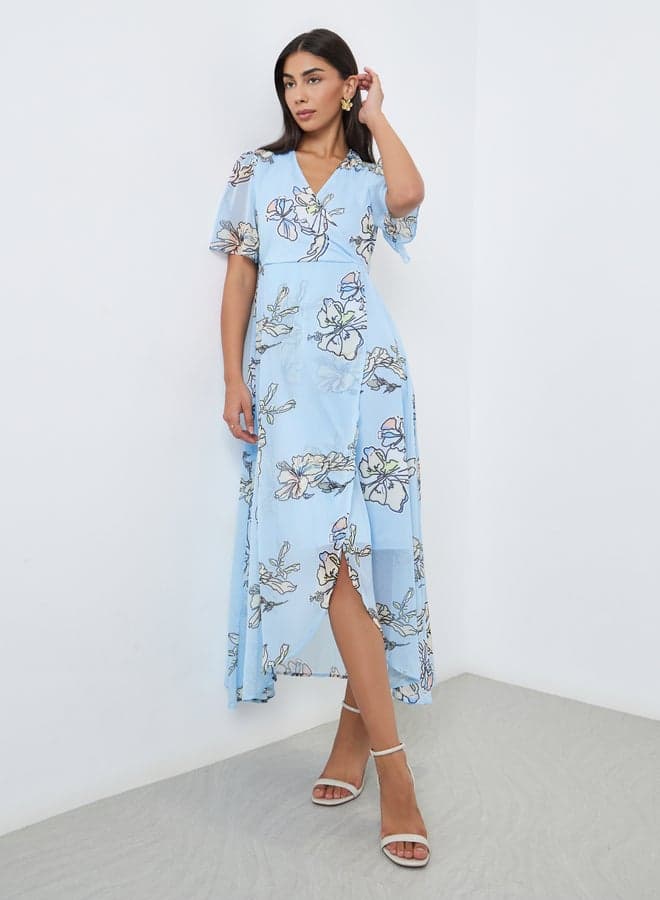 Light Blue Floral Wrap Maxi Dress