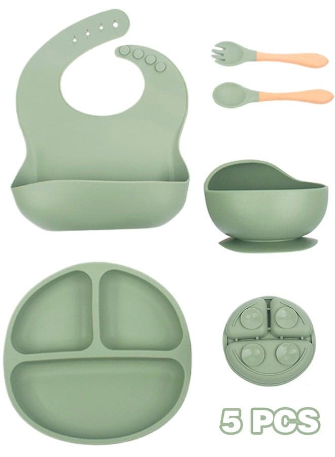 5-Pieces Silicone Baby Feeding Set, Baby Led Weaning Supplies with Suction Bowl and Divided Plate, Wooden Spoon and Fork, Toddler Tableware Set with Adjustable Soft Silicone Bib