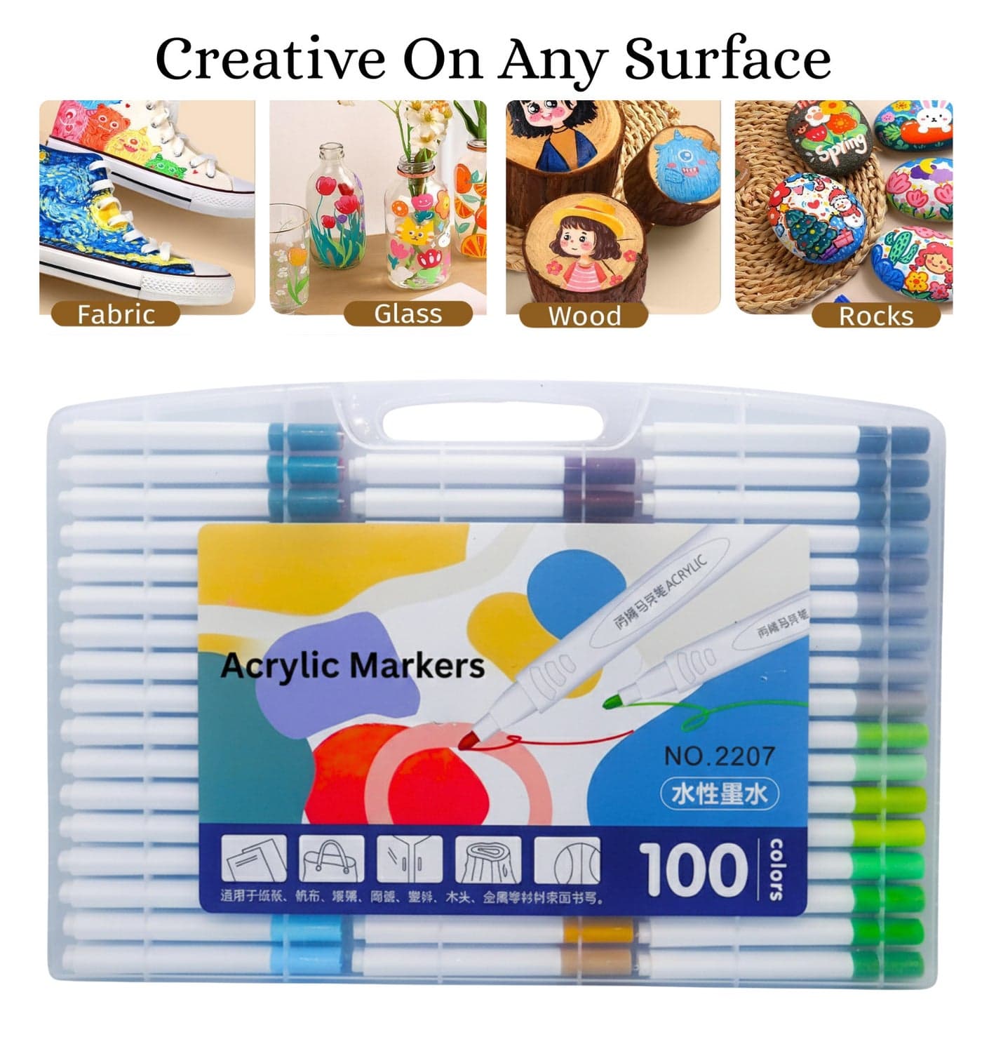 Acrylic Painting Marker Pens Set of 100 Colors Water Based, Acrylic Markers Set, Fine Tip for Card, Rock, Ceramic, Glass, Stone, Wood, Fabric, Canvas, Metal