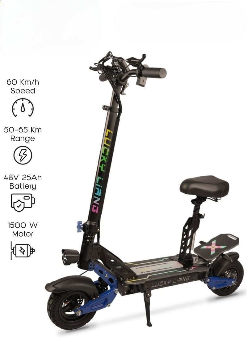 Lucky Liang L3 Pro Electric Scooter with Seat, 1500W Motor, 48V 25Ah Battery, 3-Gear Speed Modes, 65KM Range, 10" Off-Road Tires, Rear Suspension, Foldable Frame