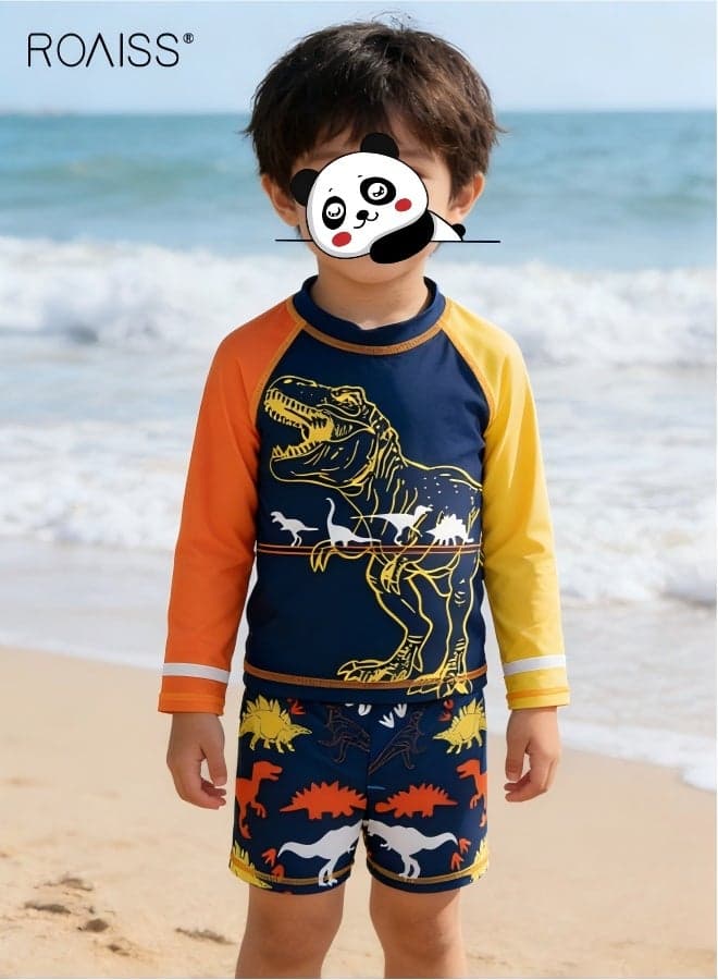 Boys 3PCS Swimsuit with Swimming Cap, Quick-drying Swim Set with Dinosaur Top, Elastic Waist Shorts and Bathing Cap, Summer Bathing Suit for Boys, Breathable Skin-friendly Rash Guard Swimsuits