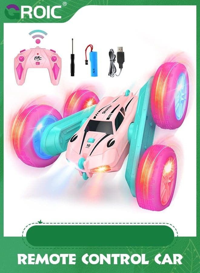 RC Cars, Pink Remote Control Car,2.4 GHZ Double Sided RC Stunt Car 360° Rotating Remote Control Crawler with Headlights Car Toys,Off-Road Stunt Toy Car for Kids