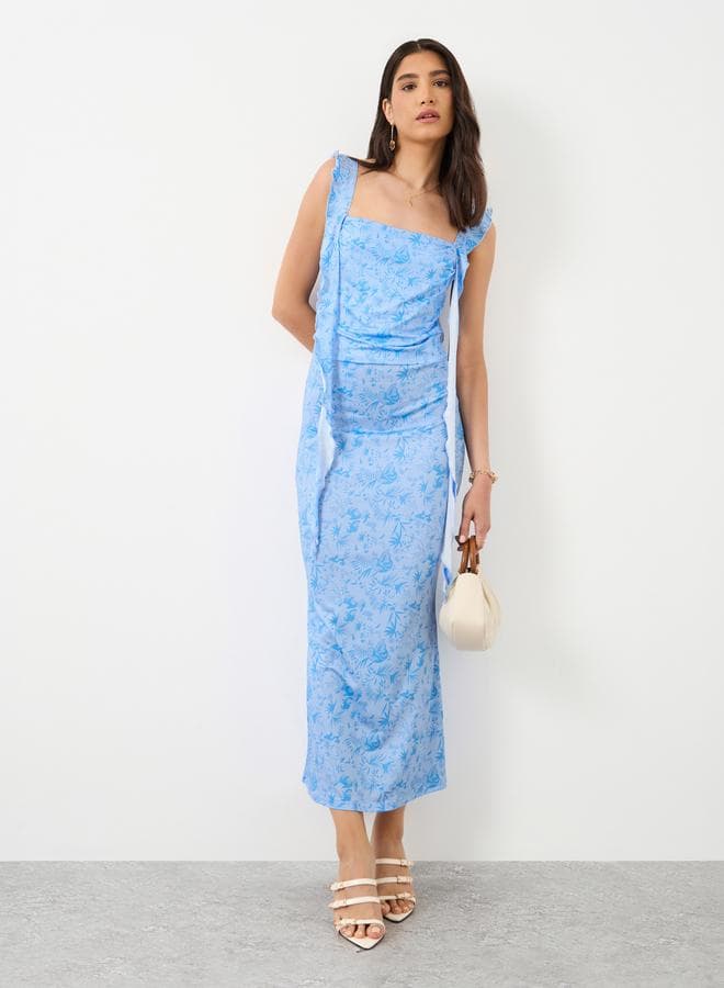Printed Ruffled Strappy Bodycon Midi Dress