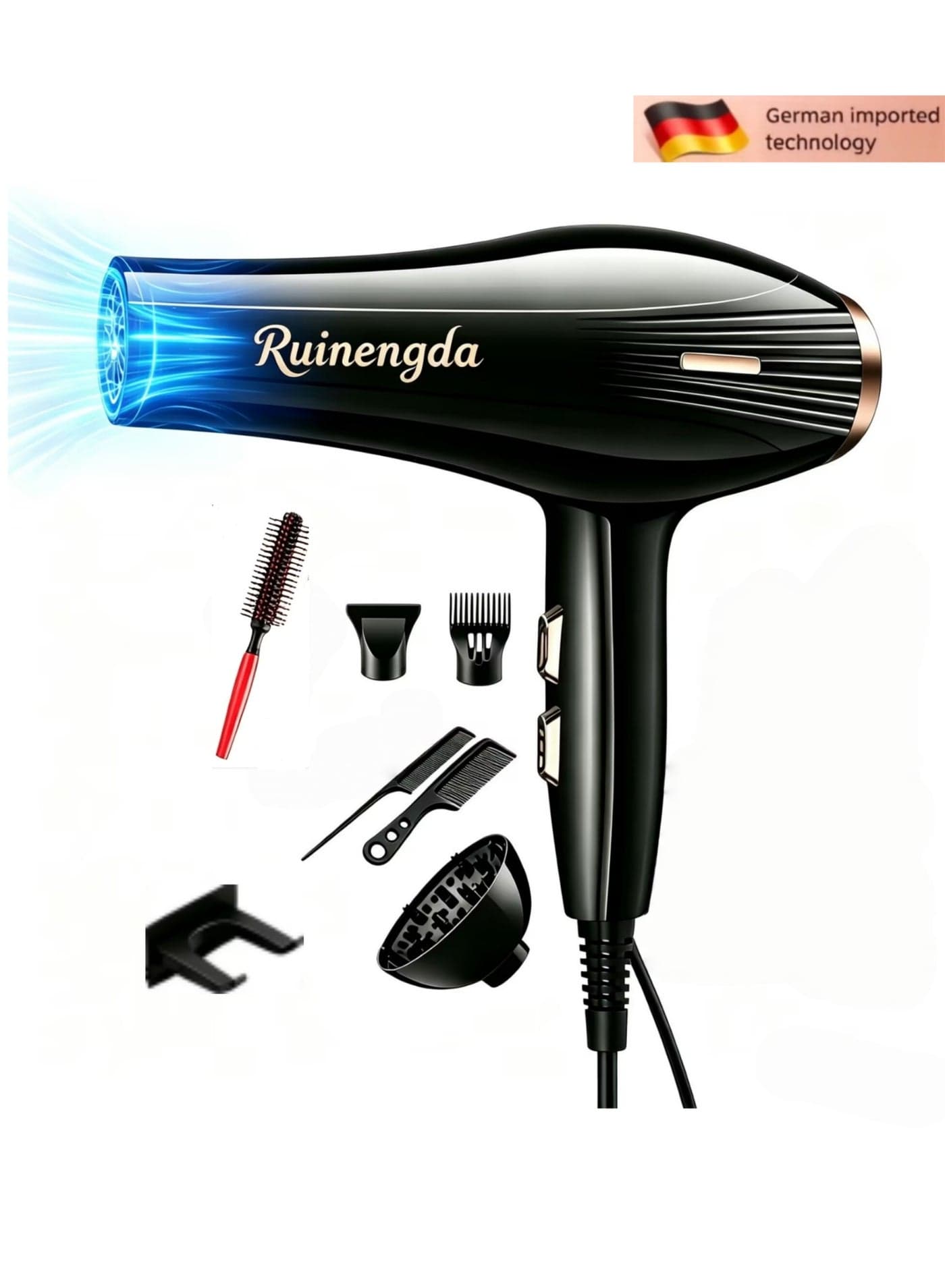8-in-1 Ionic Hair Dryer, Salon Professional Blow Dryer 3000W AC Motor Fast Drying with 2 Speed, 3 Heat Setting, with Diffuser, Nozzle, Concentrator Comb for Curly and Straight Hair,comb