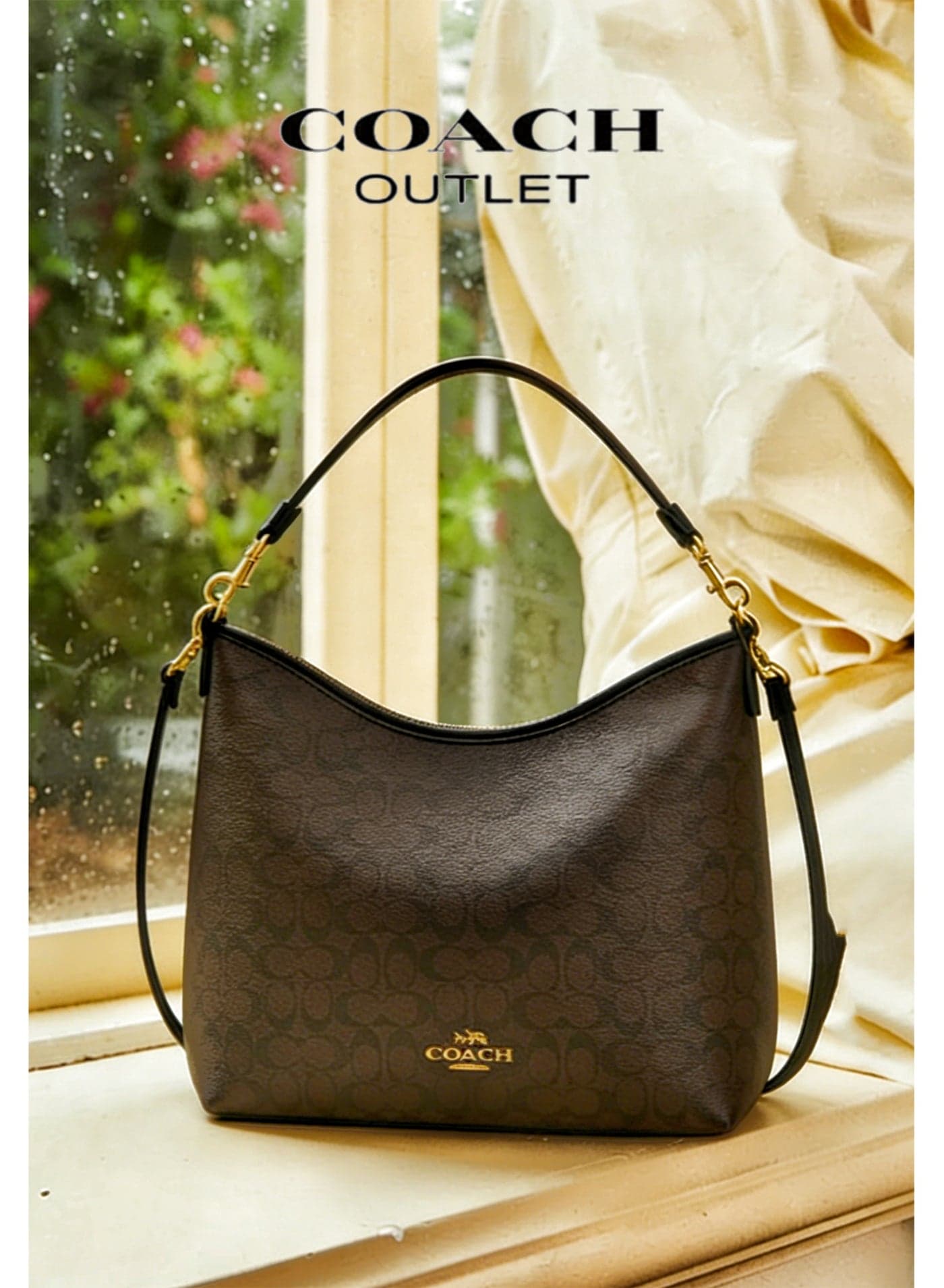 Coach Signature Canvas Hobo Bag for Women, Brown Coated Canvas with Black Leather Trims & Gold Tone Hardware, Detachable Strap, Luxury Designer Crossbody Handbag