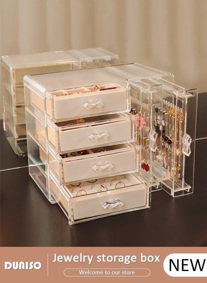 Acrylic Jewelry Organizer Box, Clear Earring Holder Jewelry Hanging Boxes with 4 Velvet Drawers for Earrings Ring Necklace Bracelet, Display Case Gift for Women Girls
