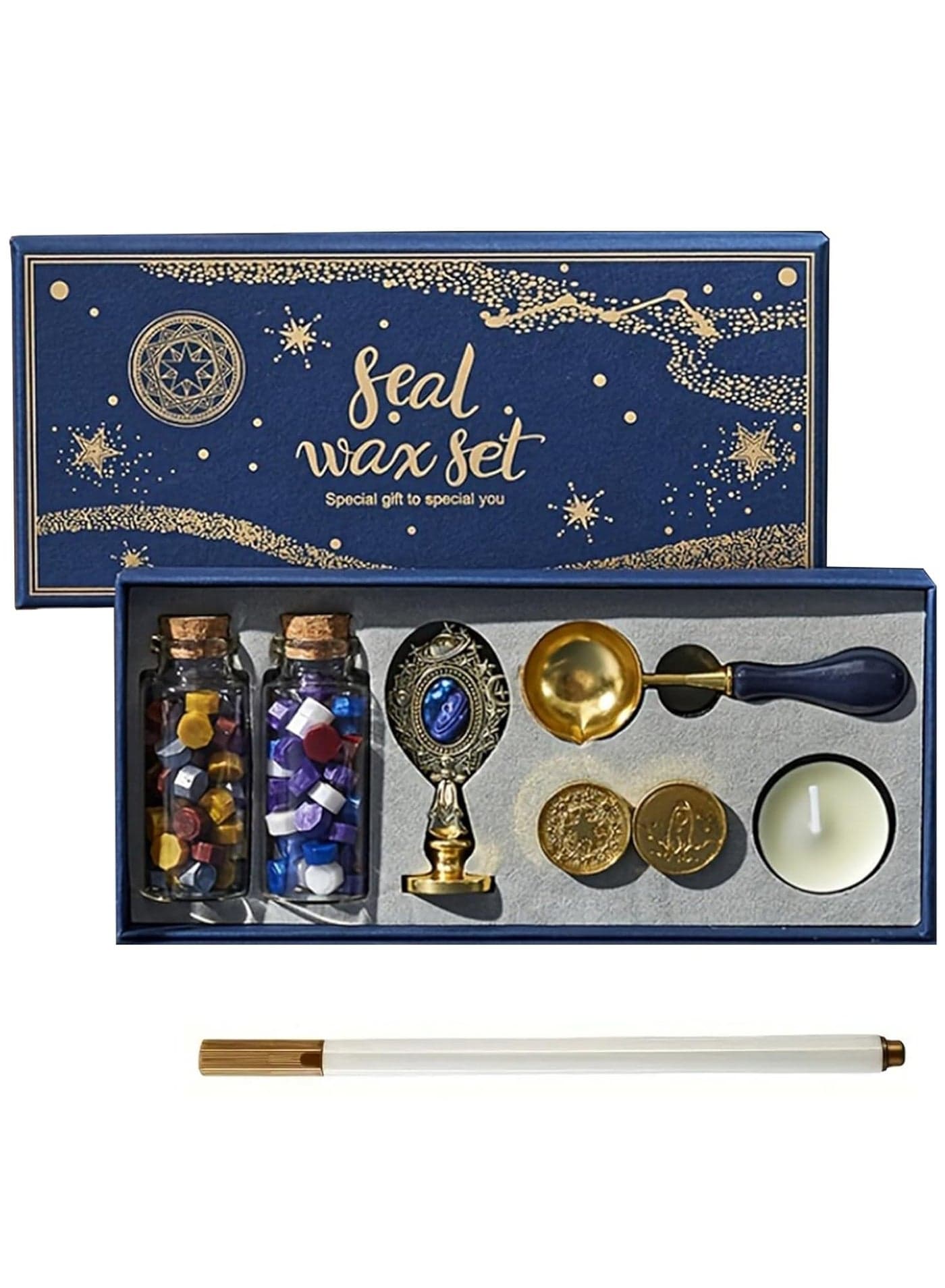 Wax Seal Stamp Kit with Gift Box, with Wax Seal Beads, 3 Wax Seal Stamp, Wax Seal Metallic Pen, Wax Seal Kit for Gift Wrapping, Envelope Sealing, Party Invitation, Scrapbooking, Art & Craft Supplies