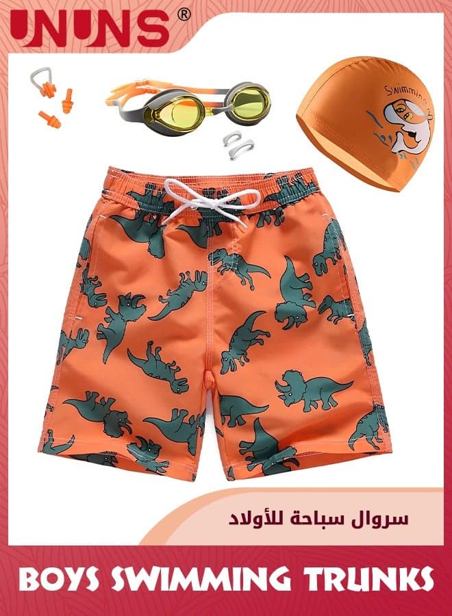 Boys Swim Trunks,Swimming Drawstring Shorts For Kids Boys,Quick Dry Beach Swim Trunks With Anti-Fog Goggles,PU Swimming Cap,Silicone Earplugs And Nose Clip,Convenient Swim Sets,Orange