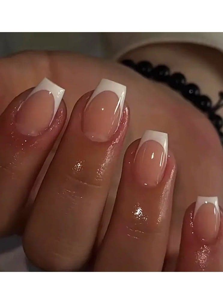 White French Tip Nails, Nude Pink Press On Nails Solid Glue On Nails Full Cover Short Square False Nails For Women Girls Daily Wear 24pcs