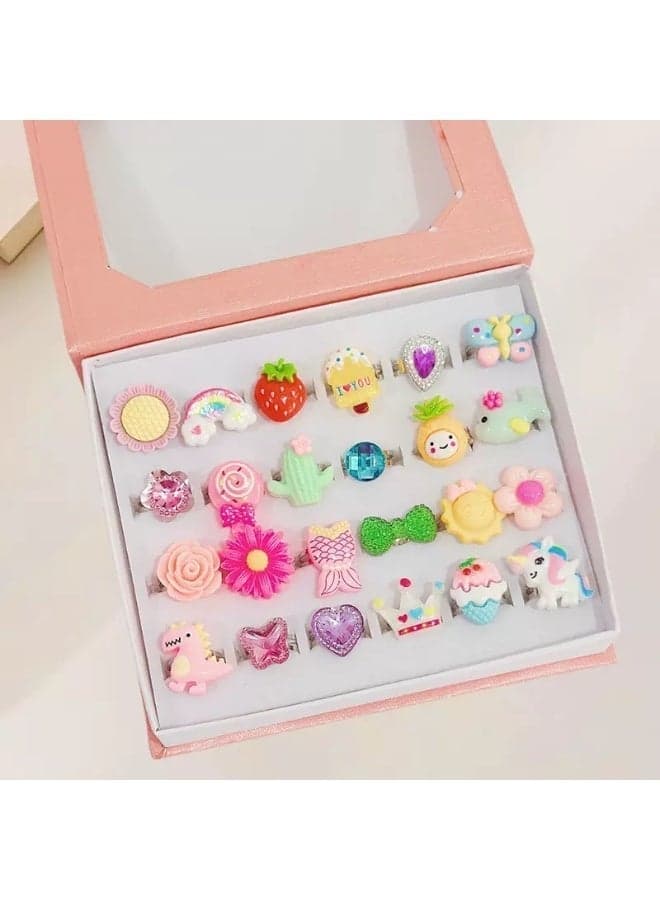 Little Girls Jewelry Set of 24 Cute Rings in Gift Box, No Duplicates, for Pretend Play & Dress Up, Ages 3+
