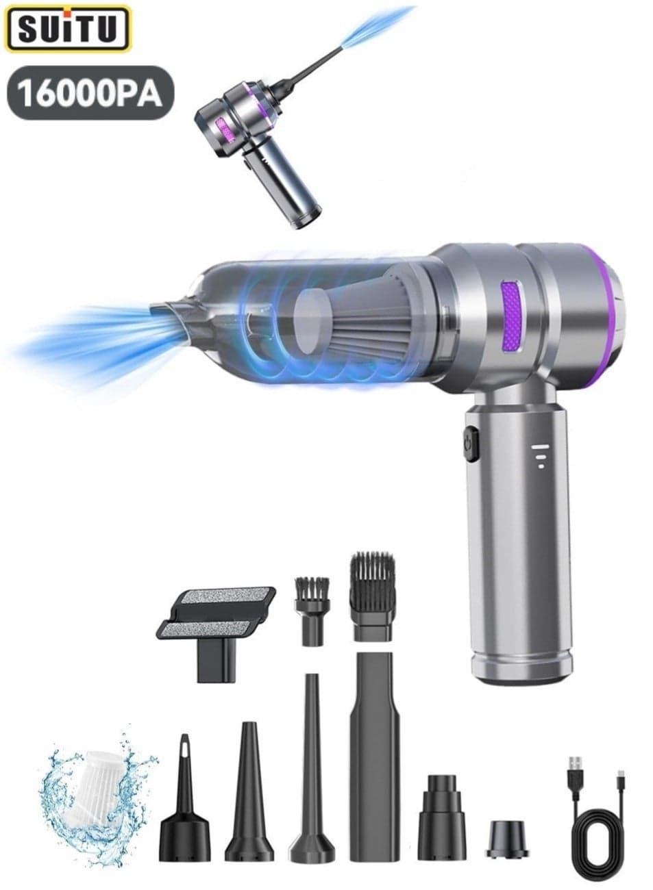 Handheld Vacuum Cleaner, 16000Pa Car Vacuum Cleaner, 100W Portable Mini Cordless Vacuum Cleaner, Rechargeable USB Vacuum Cleaner, 3 Speeds, with Multiple Nozzles, for Car, Office, and Home