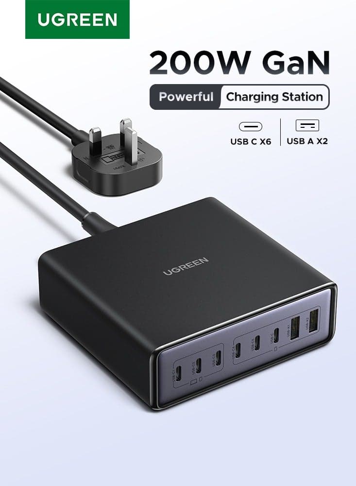 Total 200W GaN Laptop Charger Fast USB Type C 6C2A 100W Single Port Output Desk Charging Station PC Anti-fire Material Case Full Protection For Multiple Devices Users Suitable For Office Home - Black