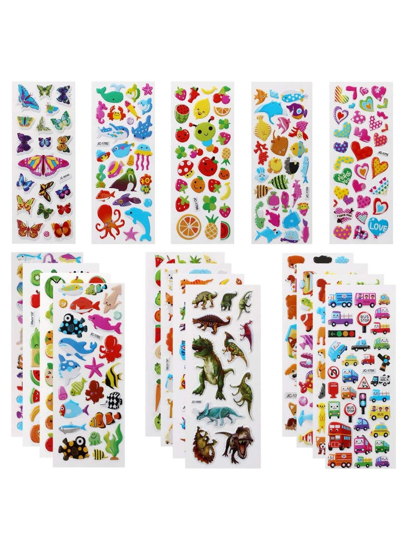 3D Stickers for Kids, 22 Variety Sheets Puffy Stickers, 500+ Children Stickers for Party Rewarding Gifts Scrapbooking Including Animals Fish Dinosaurs Numbers Fruits Trucks Butterfly and More
