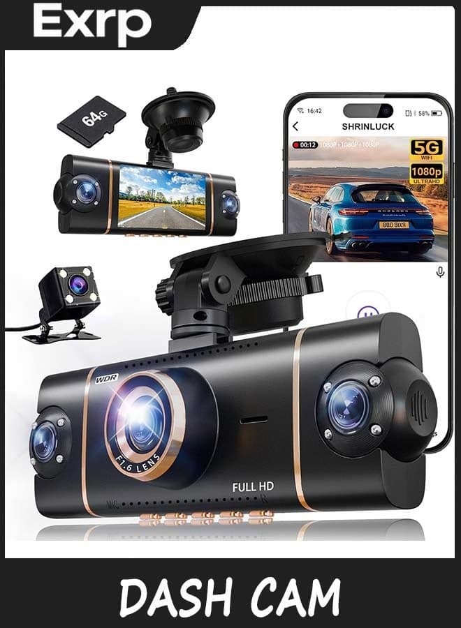 4 Channel 360° Dash Cam Front Rear Inside & Left Right, 1080P*4 FHD Car Camera, 5GHz WiFi & App Control, 8 IR Lamps Night Vision, 24H Parking Mode, G-Sensor, Loop Recording, Includes 64GB SD Card
