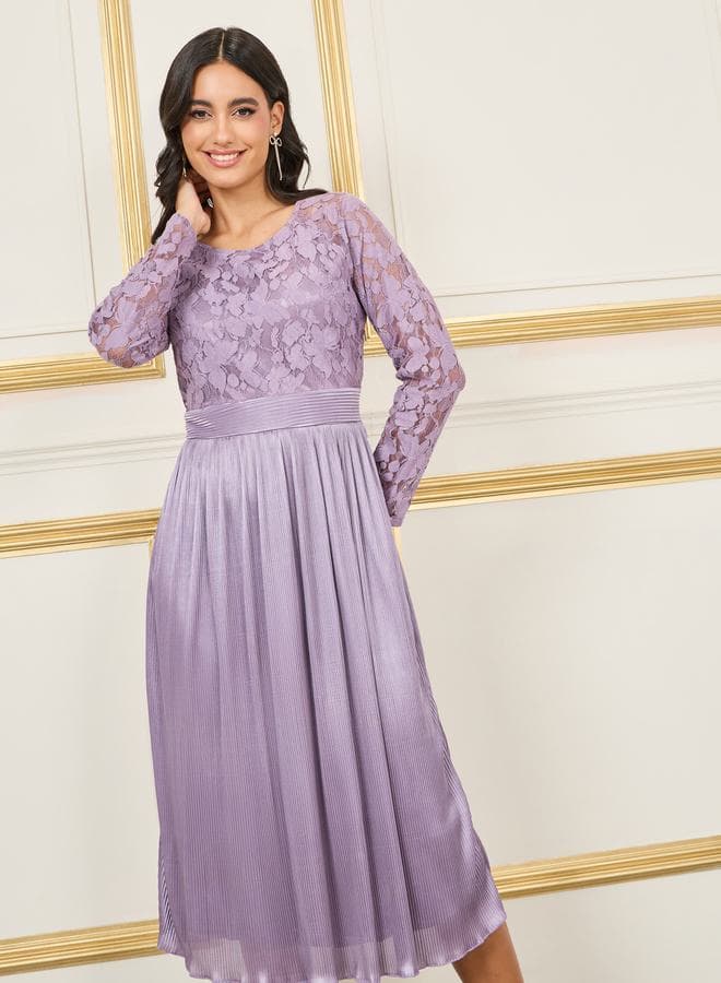 Lace Detail Satin Plisse A-Line Midi Dress