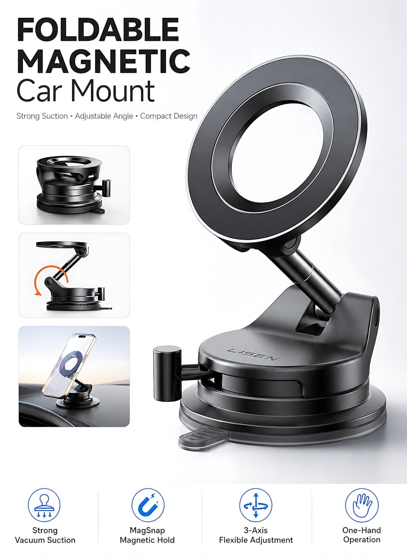 Car Phone Holder for MagSafe, Strong Magnetic Car Mobile Holder with 360° Rotatable, Car Mount with Vacuum Suction Base & Foldable Metal Arm, Magnetic Ring Included, Car Accessories Interior, Ideal for iPhone 17/16/15/Samsung Galaxy S26 Ultra, for Car/Travel/Window/Mirror/Smooth Surface, Best Gift for Men Women, Black