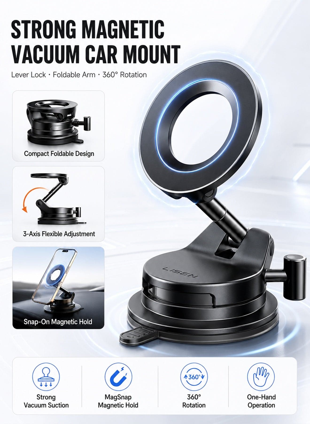 Car Phone Holder for MagSafe, Strong Magnetic Car Mobile Holder with 360° Rotatable, Car Mount with Vacuum Suction Base & Foldable Metal Arm, Magnetic Ring Included, Car Accessories Interior, Ideal for iPhone 17/16/15/Samsung Galaxy S26 Ultra, for Car/Travel/Window/Mirror/Smooth Surface, Best Gift for Men Women, Black