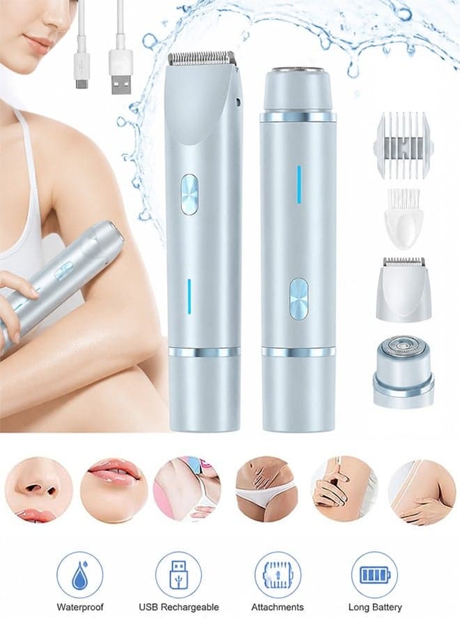2 in 1 Waterproof Bikini Trimmer & Facial Hair Remover for Ladies - Dual-Head Electric Shaver for Women, IPX7 Waterproof Wet-Dry Bikini Razor & Face Epilator for Body Face Private Area (Blue)