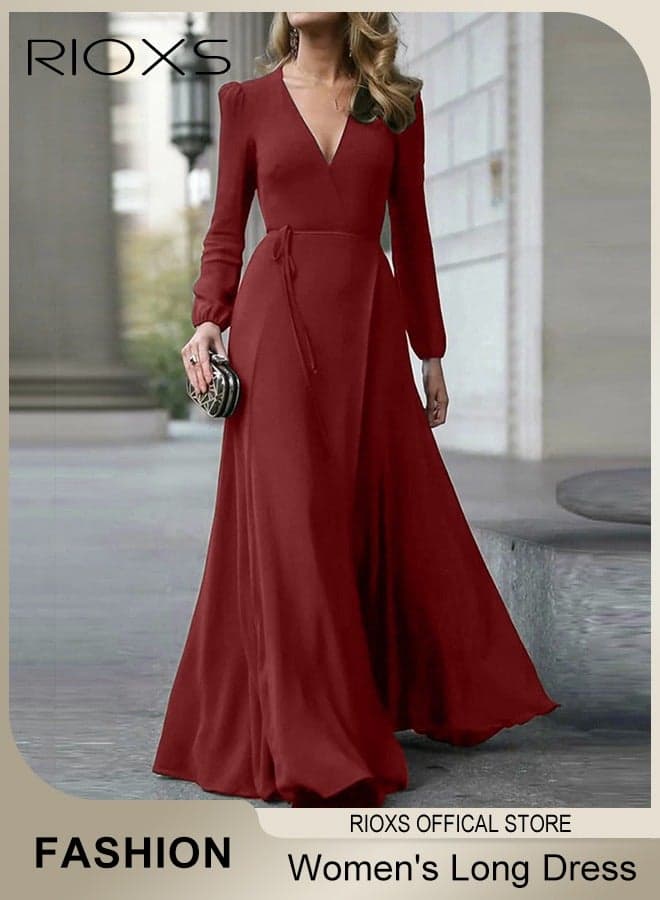 Women's V-neck Long Sleeve Evening Dresses, Elegant High Waist Formal Maxi Dress for Ladies, Ruched Wrap Long Evening Party Prom Dress with Back Zipper and Belt, Floor-length Evening Gowns for Casual/ Formal Occasions-Burgundy Dresses
